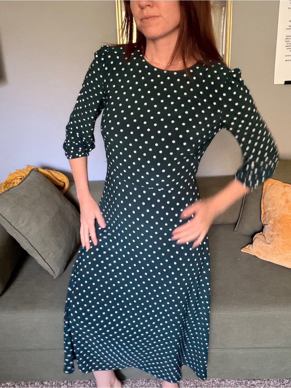 Ralph Lauren Jersey Polka Dot Midi Dress in Dark Green - Classic Women's Dress